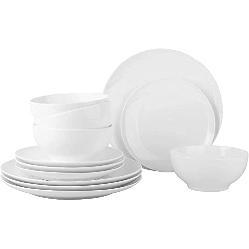 Dinnerware Set  Set for 4 Dinnerware 12 pcs Dish Set  Durable Porcelain White Dinnerware Set Plates and Bowls  Microwave Oven and Dishwasher Safe  Chip resistant Plates  (12 PC Dinnerware)