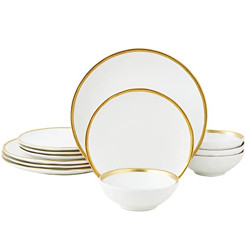 Pokini Matte White Porcelain Dinnerware Set 12 Piece Service for 4 Dishes Round Plates Bowls Golden Rim Dish Set for Home Decor