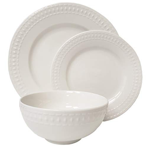 Tabletops Gallery Embossed Bone White Porcelain Round Dinnerware Collection Chip Resistant Scratch Resistant Bloom 12 Piece Dinnerware Set (Dinner Plate Salad Plate Cereal Bowl)