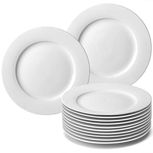 amHomel 12Piece White Porcelain Dinner Plates Round Dessert or Salad Plate Serving Dishes Dinnerware Sets Scratch Resistant LeadFree Microwave Oven and Dishwasher Safe (105inch)