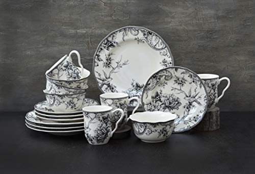 222 Fifth Adelaide 16Piece Porcelain Dinnerware Set with Round Plates Bowls and Mugs Black
