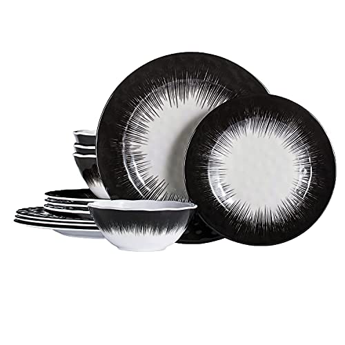 CoCorea Plates and Bowls Set 12 Pcs Lightweight Unbreakable Melamine Dinnerware Sets Dishwasher Safe Dishes Service for 4 Blackwhite
