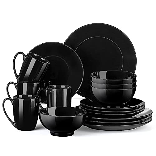 Dishes Set for 4 Black Plates and Bowls Sets with Mugs 16 Pieces Dinnerware Sets Smooth Glazed Surface for Easy Cleaning LOVECASA Microwave Safe Plates Round Crockery Sets