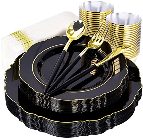 FOMOICA 175pcs Black Plastic Plates with Black Gold Silverware  Reusable Dinner Plates Forks Spoons Knives Cups Napkins  Disposable Premium Plastic Dinnerware Set  Birthday Parties Wedding