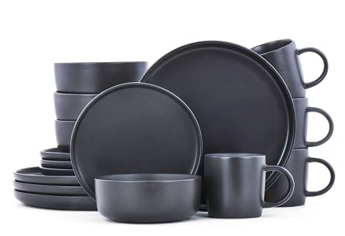 Famiware Dawn Dinnerware Set 16 Piece Dishes Set Plates and Bowls Set for 4 Black Matte