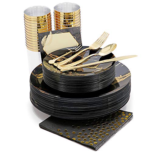 N9R 225pcs Black Gold Plastic Plates Disposable Dinnerware Set Include 25 Dinner Plates 25 Dessert Plates 25 Gold Plastic Silverware 25 Mini Forks Gold Cups Napkins and Table Cards for Halloween