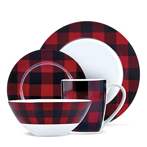 Safdie  Co Buffalo Plaid Red Black 16 Piece Dinnerware Set Service for 4 Fiesta Dinnerware home trends and home food network essentials Porcelain dinner plates 16 L x 12 W x 15 H