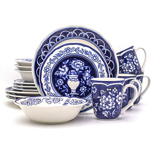 Euro Ceramica Blue Garden 16 Piece Oven Safe Hand Painted Stoneware Dinnerware Set Service for 4 Bold Vase DesignFloral Pattern White