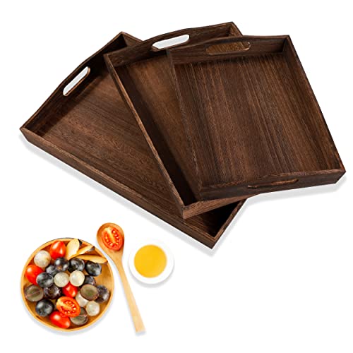 HEITICUP Wooden Serving TraysThree Piece Set of Rectangular Shape Wood Coffee Table with Cut Out Handles Kitchen Nesting Trays for Eating Serving Pastries Snacks Mini Bars Party