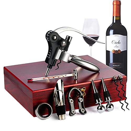 9Pieces Wine Opener Set Gifts for Men  Corkscrew Stainless Steel Wine Bottle Opener Kit Includes Wine Decanter Pourer Wine Bottle Alloy StopperThermometerFoil Cutterwith Wood Case Packaged