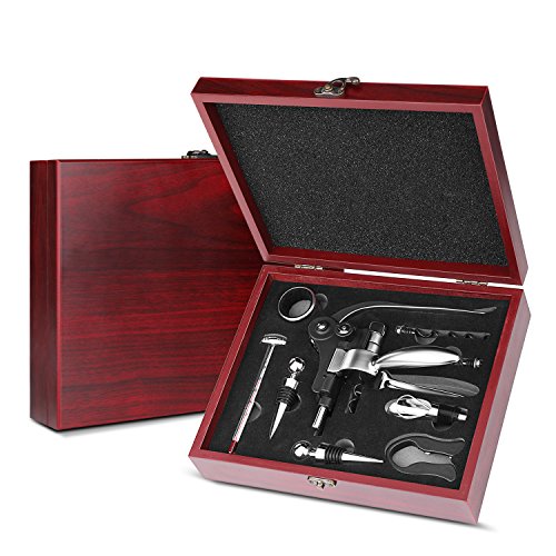Flexzion Wine Opener Set Gift Box  Wine Bottle Opener Corkscrew Set with Wine Stopper Wine Pourer Thermometer Corkscrew Spiral Replacement Foil Cutter Drip Ring in Mahogany Wood Wine Opener Case