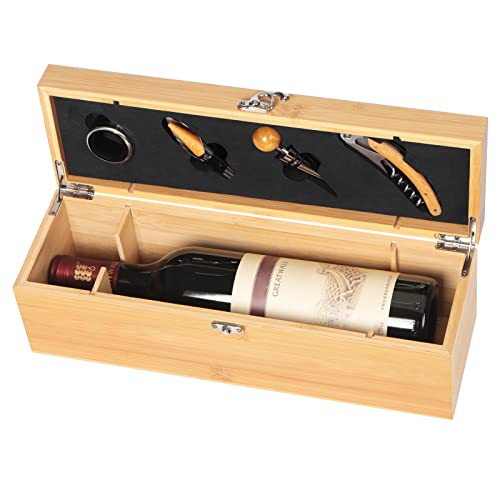 Wine Box with 4 Wine Accessories Set，Wine Gifts for MenWomen，Bamboo Wine Case with Tools Set，Wine Storage Box Gift for Wine Lover
