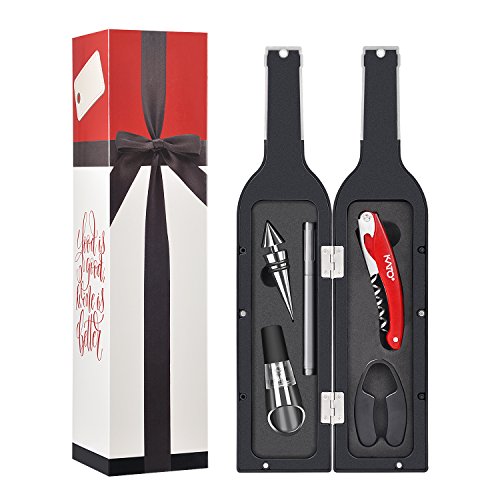 Wine Opener Gift Set  Wine Bottle Accessory Kit Corkscrew Opener Stopper Pourer Foil Cutter Glass Marker and Drink Stickers by Kato Great Valentines Gifts Silver