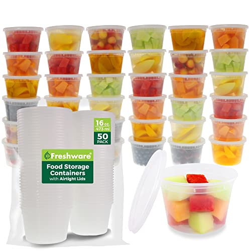 Freshware Food Storage Containers 50 Set 16 oz Plastic Deli Containers with Lids Slime Soup Meal Prep Containers  BPA Free  Stackable  Leakproof  MicrowaveDishwasherFreezer Safe