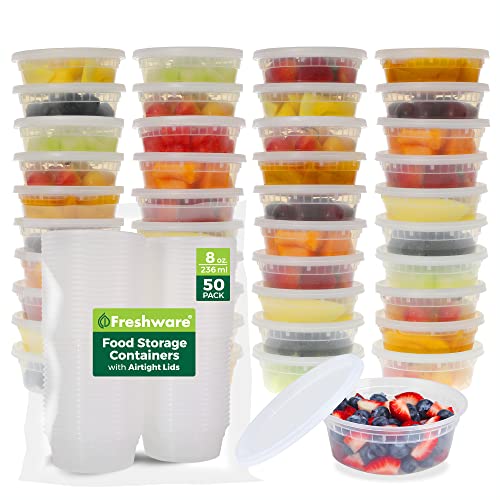 Freshware Food Storage Containers 50 Set 8 oz Plastic Deli Containers with Lids Slime Soup Meal Prep Containers  BPA Free  Stackable  Leakproof  MicrowaveDishwasherFreezer Safe