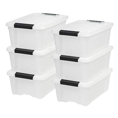 IRIS USA 12 Qt Plastic Storage Bin Tote Organizing Container with Durable Lid and Secure Latching Buckles Stackable and Nestable 6 Pack Pearl with Black Buckle