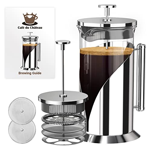 Cafe Du Chateau French Press Coffee Maker  Heat Resistant Glass with 4 Level Filtration System Stainless Steel Housing  Brews Coffee and Tea  Large 34 Oz Carafe Coffee Presser
