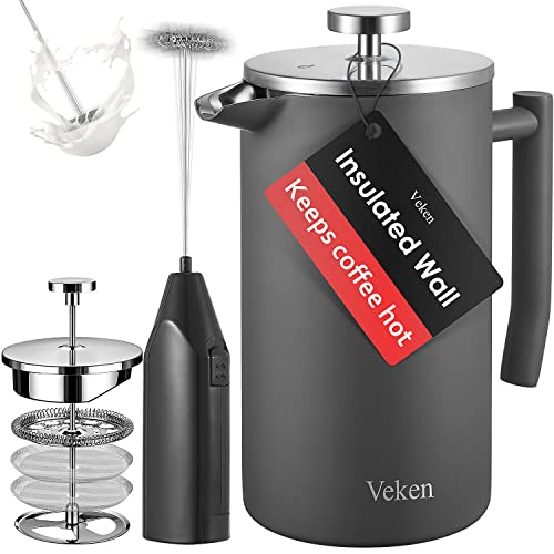 Look for a New French PressVeken French Press Coffee Tea Maker 34oz 304 Stainless Steel Insulated Coffee Press with 4 Filter Screens Milk Frother RustFree Dishwasher Safe Grey