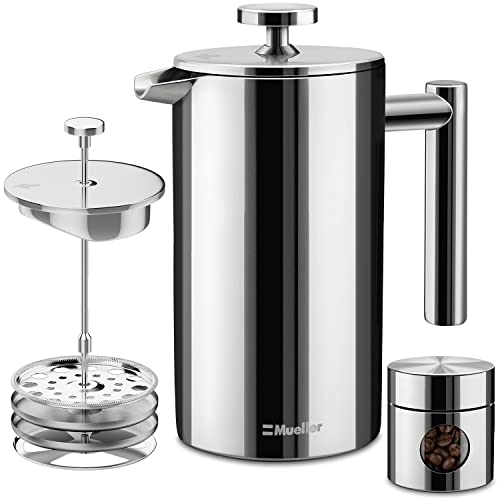 Mueller French Press Double Insulated 304 Stainless Steel Coffee Maker 4 Level Filtration System No Coffee Grounds RustFree Dishwasher Safe