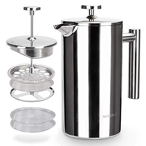 Secura French Press Coffee Maker 304 Grade Stainless Steel Insulated Coffee Press with 2 Extra Screens 34oz (1 Litre) Silver