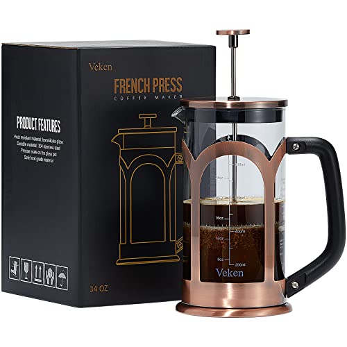 Veken French Press Coffee  Tea Maker 304 Stainless Steel Heat Resistant Borosilicate Glass Coffee Press Durable Easy Clean 100 BPA Free 34oz Copper