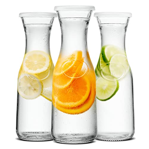 Kook Glass Carafe Pitchers Beverage Dispensers Clear Jugs For Mimosa Bar Water Wine Milk and Juice with Plastic Lids Dishwasher Safe 35 oz Set of 3