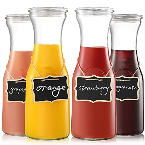NETANY Set of 4 Glass Carafe with Lids  1 Liter Beverage Pitcher Carafe for Mimosa Bar Brunch Cold Water Juice Milk Iced Tea Lemonade  4 Wooden Chalkboard Tags Included