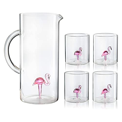 Flamingo Pitcher  4 Glasses Set Decanter with 4 Pink Flamingo Glasses 9oz by The Wine Savant  Elegant Glass Set Great for Water Iced Tea Sangria Lemonade and More 1300ml 9 H Cute