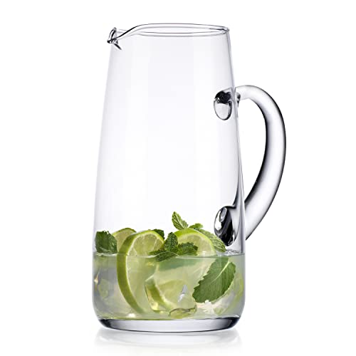Glass Water Pitcher with Spout  53 Oz Elegant Serving Carafe for Water Juice Sangria Lemonade and Cocktails  Clear Glass Small Beverage Pitcher (37485)