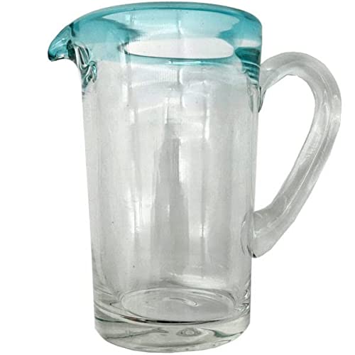 Mexican Glass Pitcher With Spout Blue Rim Margarita Pitcher  Sangria Pitchers  Beverage Pitchers  1 Quart