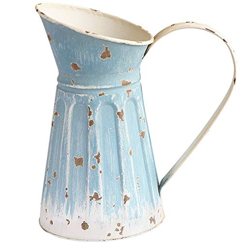 APSOONSELL Rustic Shabby Chic Vase Blue Metal Vase Vintage Milk Jug Mini Pitcher Decorative Flower Vase Farmhouse Decor for Home Kitchen Bathroom