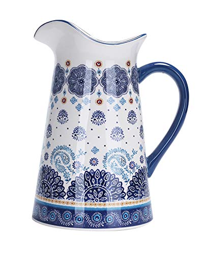 Bico Blue Talavera Ceramic 25 Quarts Pitcher with Handle Decorative Vase for Flower Arrangements Dishwasher Safe