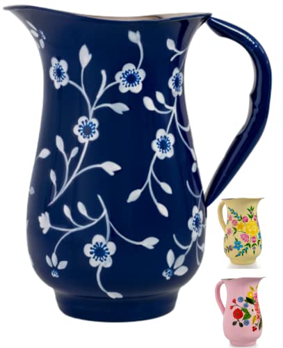 Hand Painted Stainless Steel Water Pitcher  Large Metal Water Jug for Cold Drinks Floral Design Beverage Carafe for Entertaining  Home Decor 8 height 1 Quart Decorative Vase (Royal Blue)