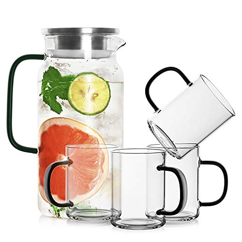 LUXU 42oz Glass Pitcher SetContain a 42oz Glass Pitcher and 4 coffee mugs with Dark Green HandlePremium Kettle set for Daily UsePretty Teapot Idea For Tea Lovers