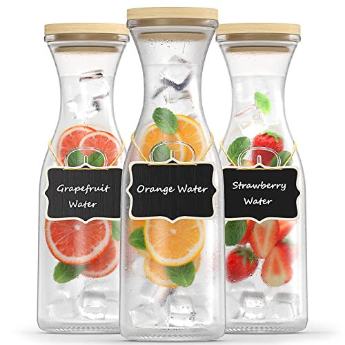 SummerKiss 3 Pack Glass Carafe Pitcher with Wood Lids and Tags 1 Liter Water Pitcher Beverage Carafe Set for Mimosa Bar Juice Container for Brunch Iced Tea Cold Water Juice MilkLemonade