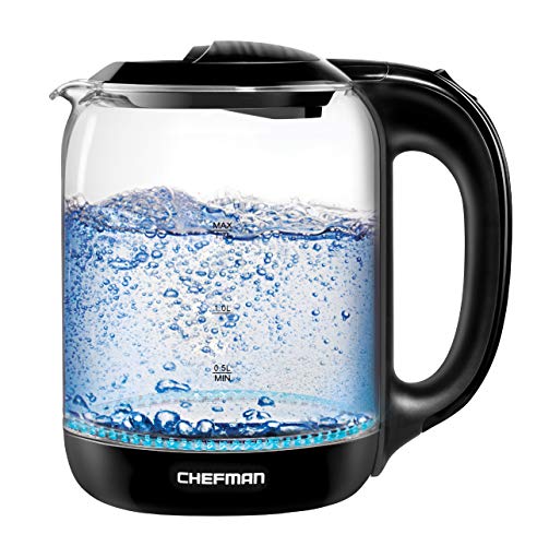 Chefman 17 Liter Electric Glass Tea Kettle Fast Hot Water Boiler One Touch Operation Boils 7 Cups Swivel Base  Cordless Pouring Auto ShutOff