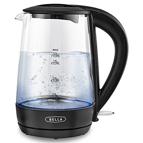 BELLA 17 Liter Glass Electric Kettle Quickly Boil 7 Cups of Water in 67 Minutes Soft Blue LED Lights Illuminate While Boiling Cordless Portable Water Heater Carefree Auto ShutOff Black
