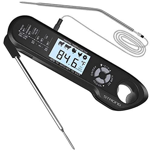 RosesPoetry Meat Thermometer Digital Food Thermometer with 2 Probes Alarm SettingBacklight Large ScreenWaterproof Instant Read Cooking Thermometer for MeatGrillLiquidsBBQ Oven (Black)