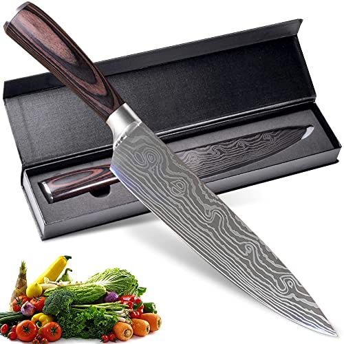 Chef Knife 8 Inch Kitchen Knife Professional Japanese AUS10V Super Stainless Steel Chefs Knife with Ergonomic Handle Durable Sharp Cooking Knife with Gift Box