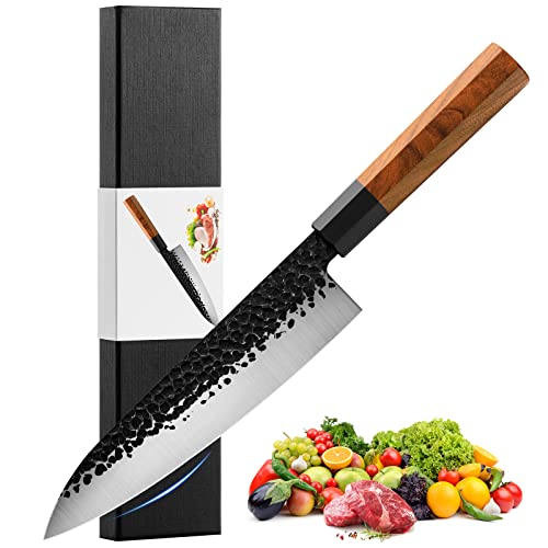 Japanese Chef Knife Gyuto Chef Knife  8 Inch Chefs Knife Professional Hand Forged Kitchen Chef Knife High Carbon Japanese AUS8 Stainless Steel Meat Sushi Knife with Rosewood Handle  Gift Box
