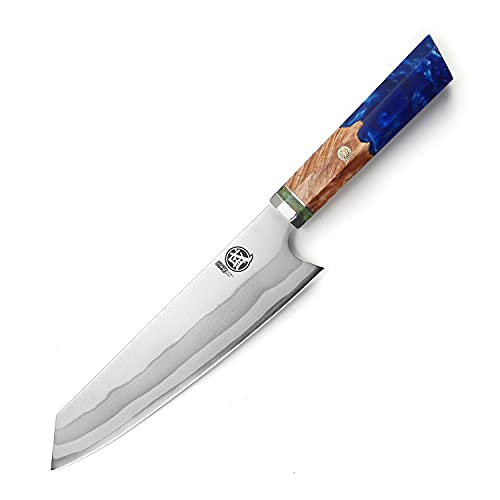 MITSUMOTO SAKARI 8 inch Japanese Kiritsuke Chef Knife Hand Forged 67 Layers 440C Damascus Steel Kitchen Knives Professional Meat Sushi Chefs Knife (Blue Pomegranate Handle  Gift Box)