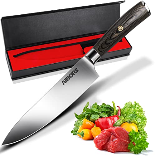Chef Knife 8 Inch Professional Kitchen Knife German High Carbon Steel Ultra Sharp Chefs Knife for Cutting Chopping Meat Vegetable Fruits with Ergonomic Pakkawood Handle