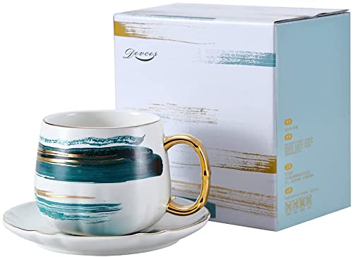 DEVCES Tea Cup Coffee Cup with SaucersMatte Ceramic Modern Style135Oz(400Ml)Green with Gold Pattern