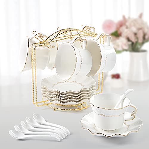 DUJUST Tea Cups and Saucers Set of 6 (85 OZ) Luxury Tea Cup Set with Golden Trim Relief Printing Coffee Cups with Metal Stand British Royal Porcelain Tea Party Set  White