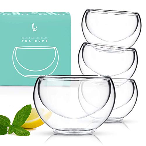 Double Walled Glass Tea Cups Durable Insulated Cups for Hot Tea Borosilicate Glass Mug Fancy Tea Cups Set of 4 25oz