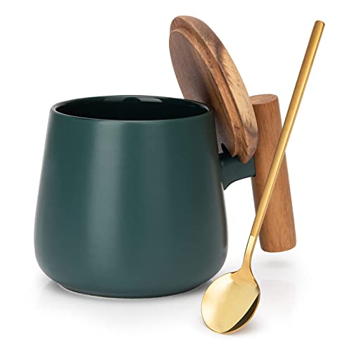 GOOD ALWAYS Ceramic Coffee Mug Tea Cup for Office and Home 14 Oz Coffee Cup with Lid and Coffee Spoon Birthday Christmas Gifts House Warming Gifts New Home 1 Pack (Dark Green)