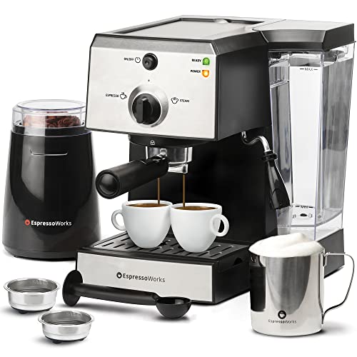 Espresso Machine  Cappuccino Maker with Milk Steamer 7 pc AllInOne Barista Bundle Set w BuiltIn Milk Frother (Inc Coffee Bean Grinder Milk Frothing Cup SpoonTamper  2 Cups) Silver