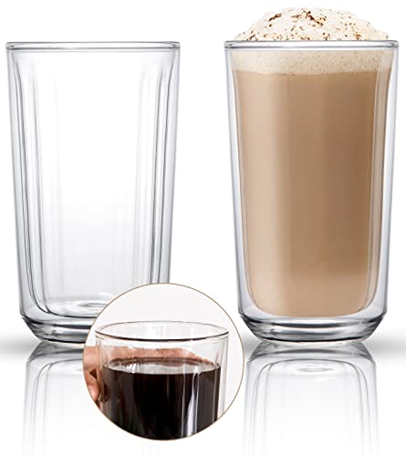 Aquach Double Wall Glass Coffee Cup Large 16 Oz Set of 2  Insulated Clear Glass Mug for Cappuccino Latte Tea Microwave Safe