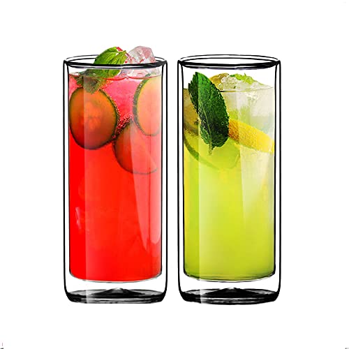 Suns Tea Double Wall Insulated Glass Tumbler Drink Glasses 16oz (450ml) Highball Glass Cups for Beer Lemonade Iced Tea Tropical Drink Cocktail Smoothie Mojito and Other Mixed Drinks Set of 2  Collins Style