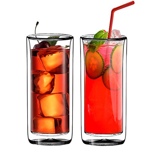 Suns Tea (Set of 2) 20oz (600ml) Ultra Clear Strong Double Wall Insulated Thermo Glass Tumbler V3 Highball Glass for Beercocktaillemonadeiced Tea (Real Borosilicate Glass Not Plastic)